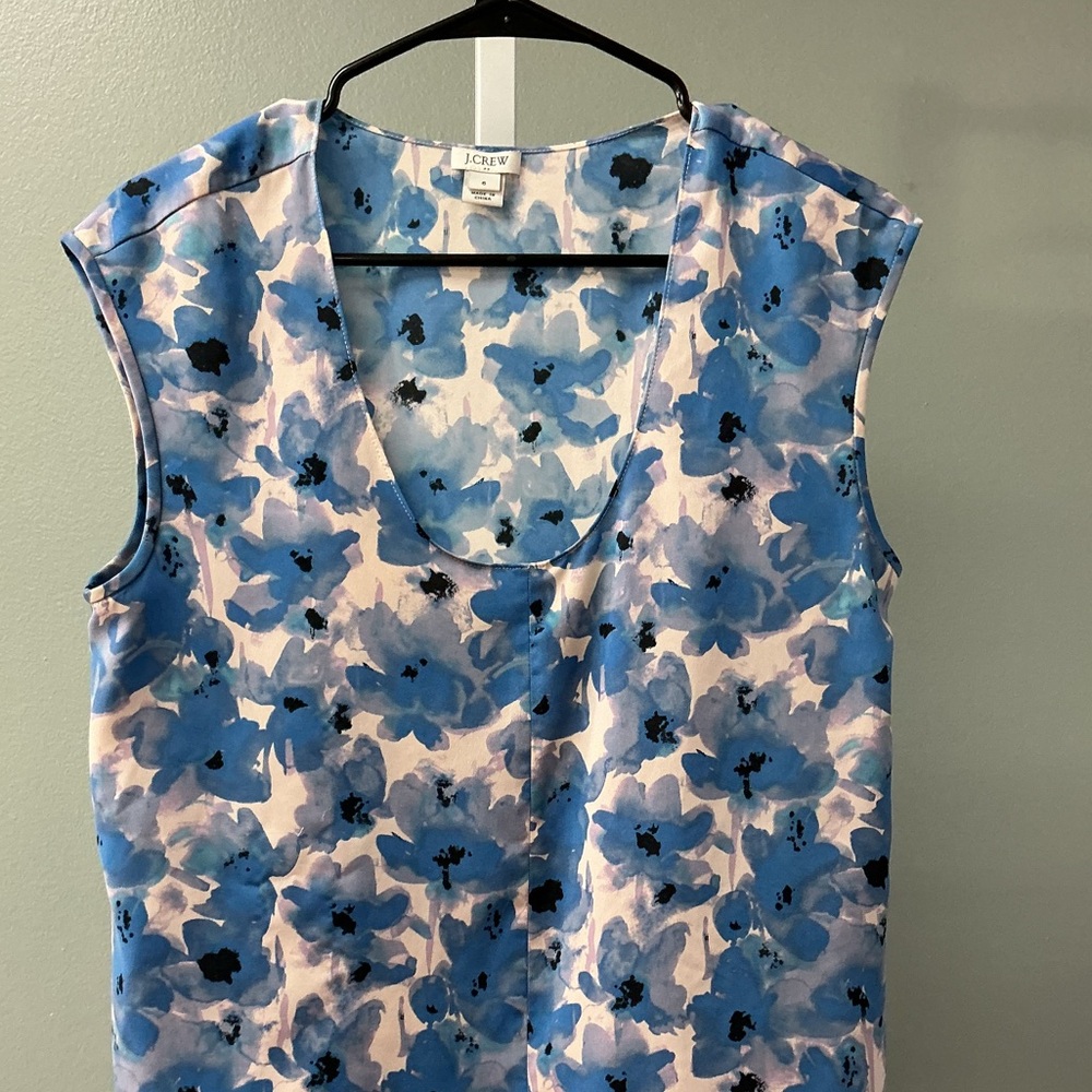 J. Crew White Blue Floral Design Cap Sleeve Blouse.